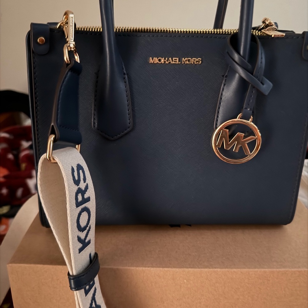 Michael Kors Navy Saffiano Leather Satchel with Gold Accents and Branded Strap